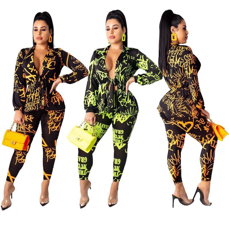 Conjunto feminino de duas peças com estampa de letras, blazer de manga comprida e calça lápis, roupa elegante para escritório, poliéster elástico, P/M/G/GG (laranja)_voghion.com