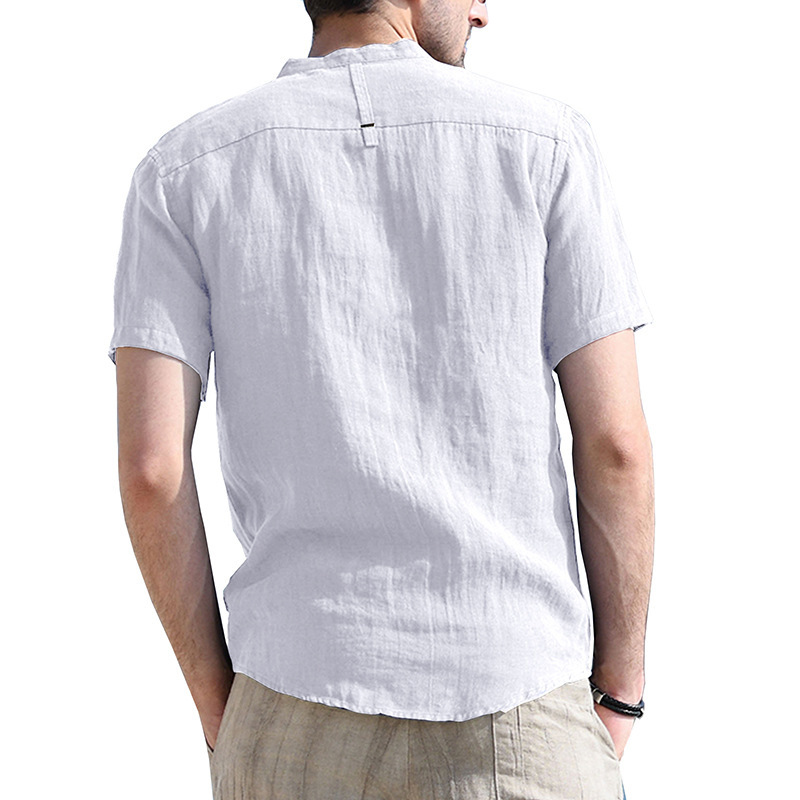 Camicia uomo manica corta tinta unita collo Henry, camicia da uomo in cotone e lino_voghion.com