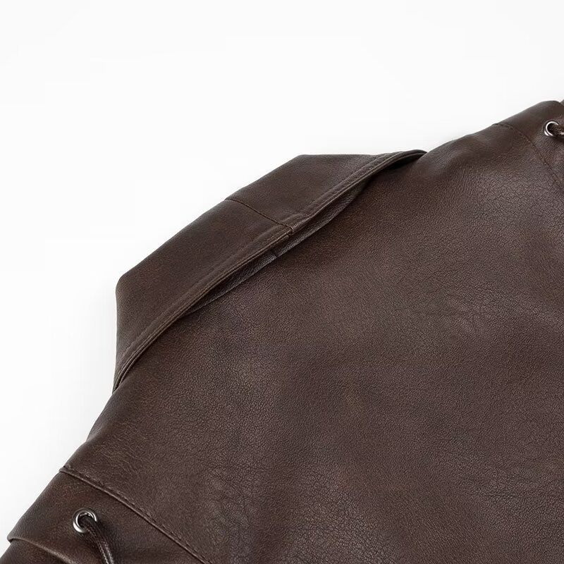 Ropa de mujer Primavera y otoño Nueva Chaqueta de cuero de un solo pecho con cinturón y cuello de fruta verde retro que combina con todo_voghion.com