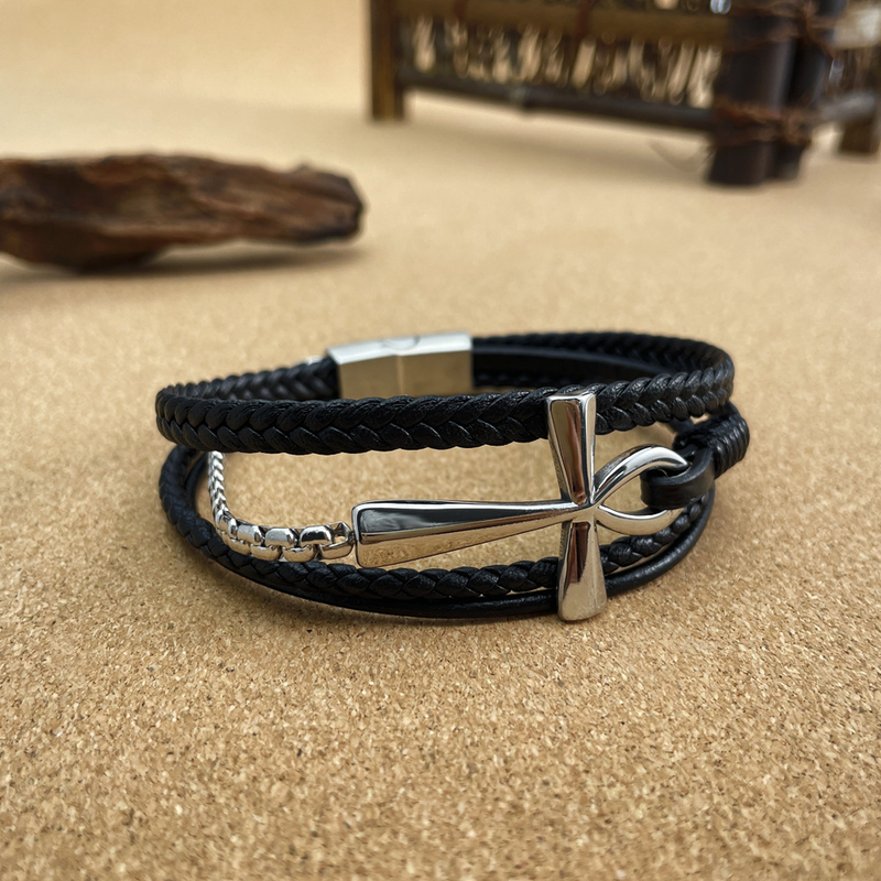 Mehrlagiges handgefertigtes gewebtes Lederband, klassisches Anka-Kreuz-Lederarmband_voghion.com