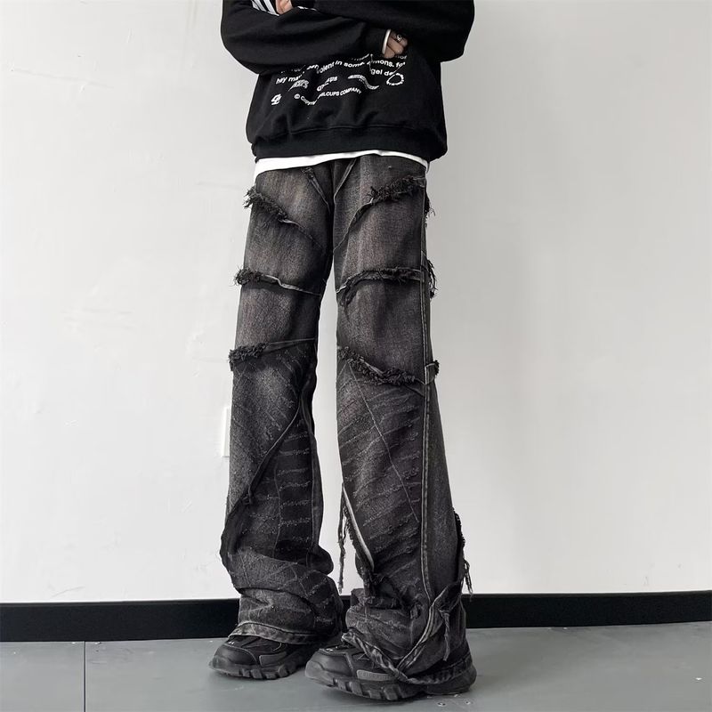 Pantaloni de cerat negru spălat, de înaltă calitate, în stil american, stil high street, ușor evazați, blugi, pantaloni periați, pentru bărbați_voghion.com