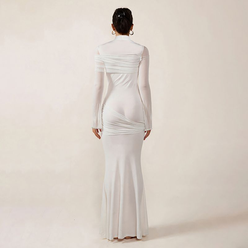 Elegante abito a maniche lunghe con pannello in rete – Abito aderente a vita alta con dettagli trasparenti (S-L, bianco/giallo, femminile e chic)_voghion.com