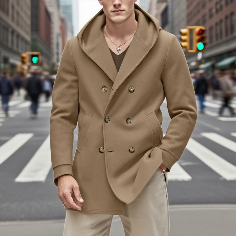 Autumn Solid Color Mid-Length Double-Breasted Trench Coat Men's Casual Turn-Down Collar Hooded Overcoat_voghion.com