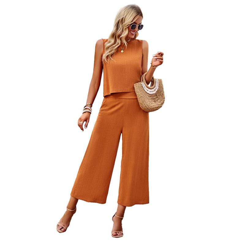 Diyun Einfarbig Mode Zwei-Stück Set Für Frauen 2025 Sommer Elegante Ärmelloses Top Und Cropped Hosen_voghion.com