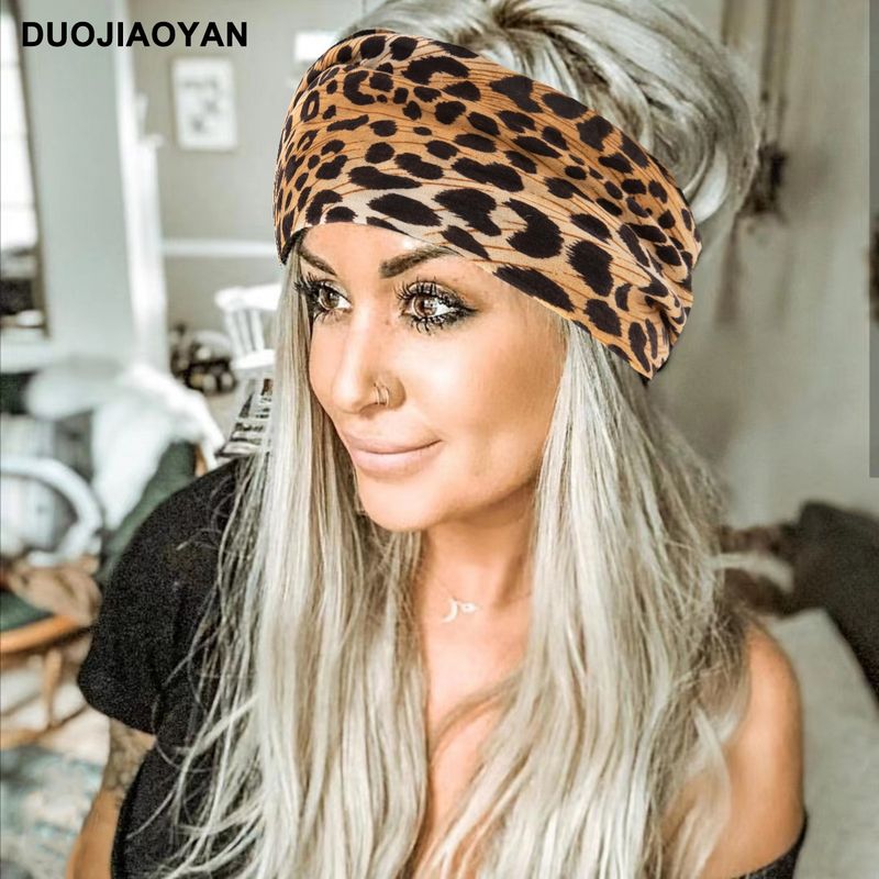 New Leopard Print Digital Printed Sports Headband with European and American Knotted Cross Wide Edge Elastic Headband for Women_voghion.com