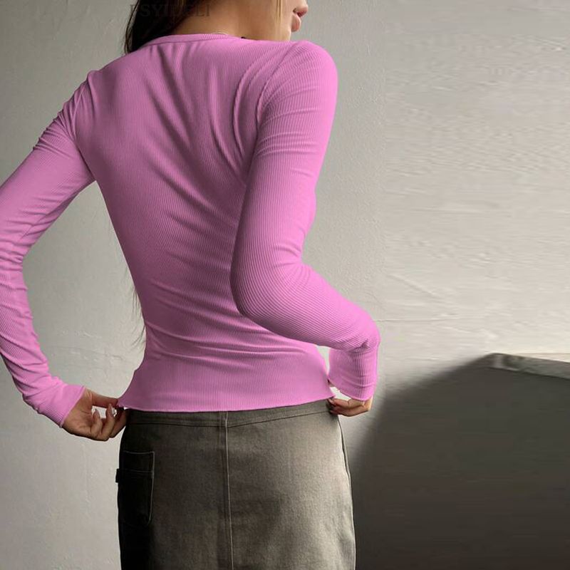Women's Long Sleeve V-Neck Button Down Slim Fit Crop Top T-Shirt - Fall Fashion Basic Tee For Sexy & Stylish Look_voghion.com