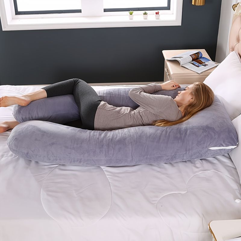 U-Shaped Maternity Pillow With Removable Cover - Full-Body Support For Side Sleeping, Dark Blue Polyester Fiber, Ergonomic Design For Pregnant Women_voghion.com
