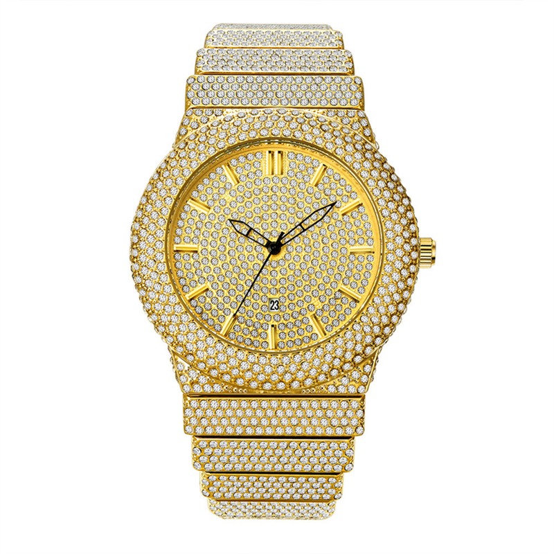 Luxuriöse Hip-Hop-Herrenuhr mit Diamantakzenten und Gold-Finish – Datumsanzeige, Quarzwerk, modisches Statement, Hip-Hop-Diamant, Luxus, goldenes Datum_voghion.com
