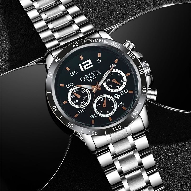 OMYA wasserdichte Herrenuhr mit Kalender, Quarzuhr, Geschenkbox-Set, Armband, Gürtel, Edelstahlarmband_voghion.com