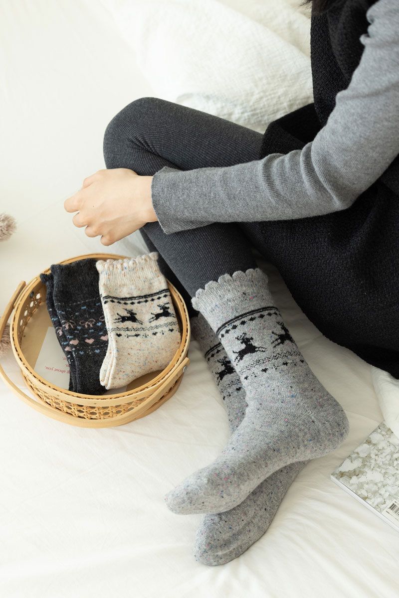 Lillian Suxinaimin Herbst Winter Wolle Fair Isle Elch Warm Mid Calm Japanischer Stil Schleife Weihnachtssocken_voghion.com