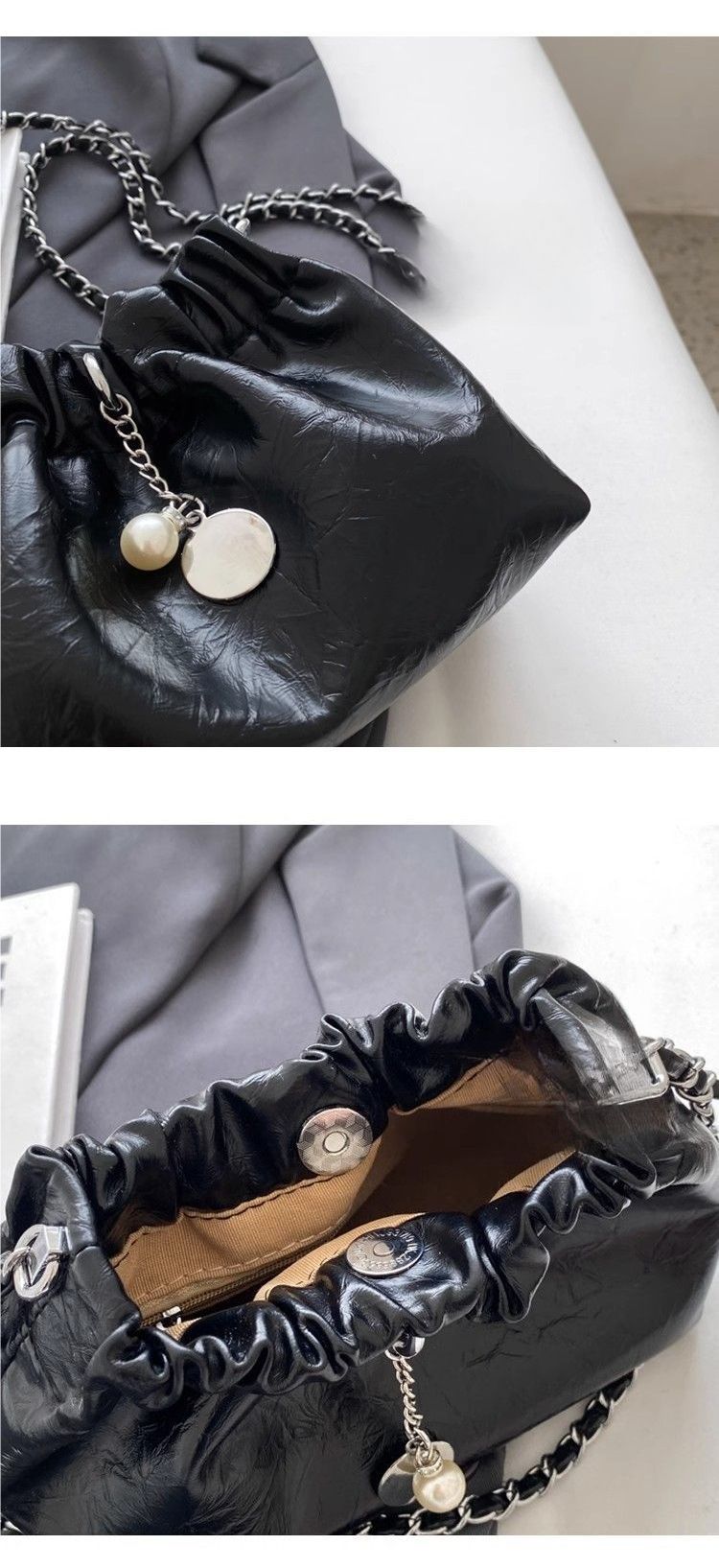 Sac bandoulière argenté plissé, sac seau polyvalent_voghion.com