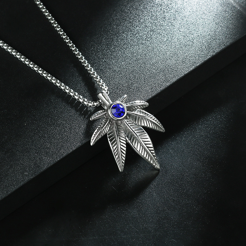 Street Hip Hop Fashion Personality Trend Necklace Men's Blue Stone Silver Leaf Pendant Necklace_voghion.com