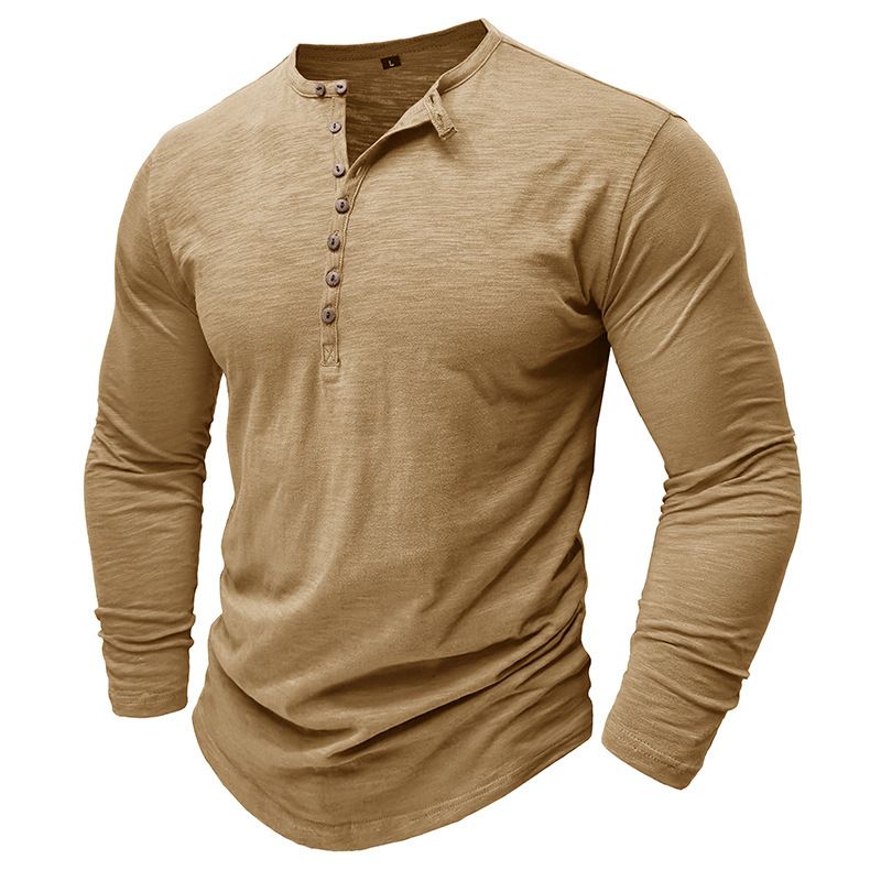 2025 Langarm Herren Top Frühling Herbst Bambus Baumwolle Einfarbig Knopf Henley Shirt Männer_voghion.com