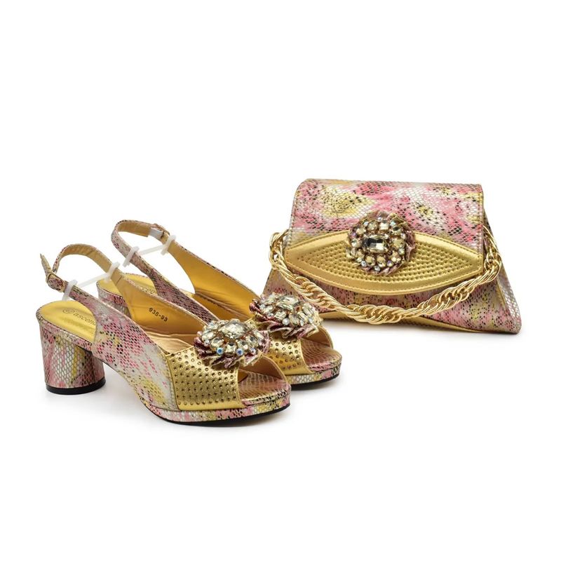 The party match high heeled diamond round toed fish mouth back slip buckle sandals with diamond handbag set is fashionable and versatile_voghion.com