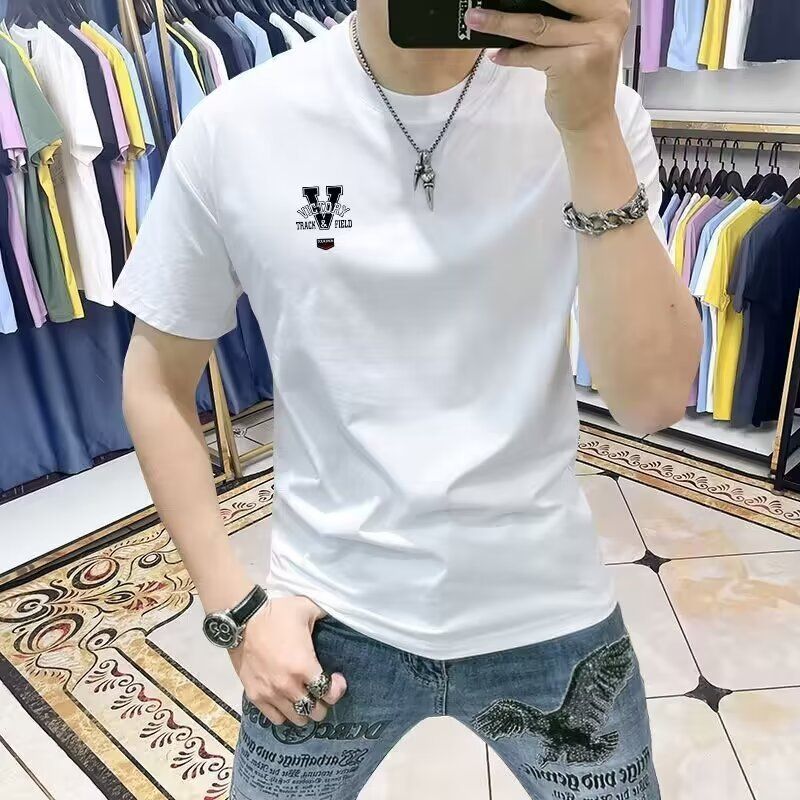 Trendy Men's Pure Cotton Short Sleeved T-shirt 2024 New Summer Letter Slim Fit Versatile Print Quality Round Neck T Casual_voghion.com
