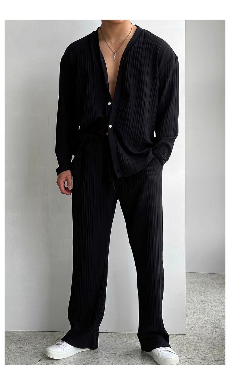 Men's Clothing Thin Solid Color Sexy Deep V Cardigan Knitted Sweater Shirt Casual Fashion Suit Two Piece Suit Men_voghion.com