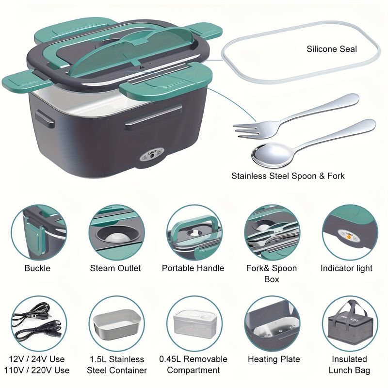 Portable Electric Lunch Box 1 8L Faster Food Warmer Self Heating For Car Truck Work Leakproof Removable Container With Cutlery_voghion.com