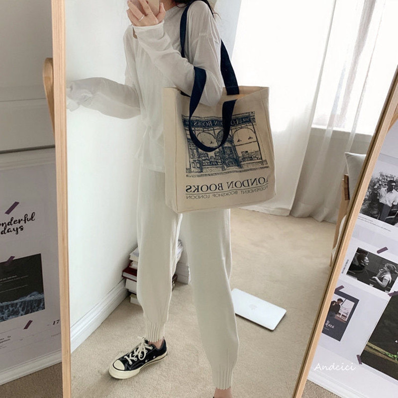 Women Canvas Shoulder Bag London Books Print Ladies Casual Handbag Tote Bag Reusable Large Capacity Cotton Shopping Beach Bag_voghion.com