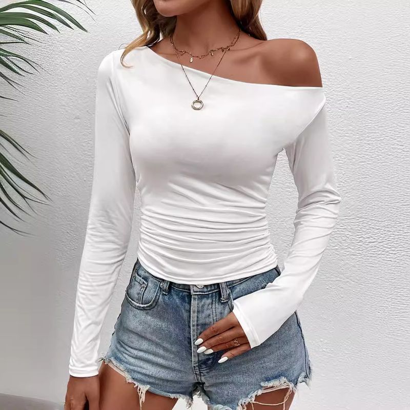 Sieviešu apģērbs Unikāls slīps plecu garās piedurknes T-krekls Karsta meitene Izejošs krekls ar apakšējo daļu Slim Fit Pulover Top ar vienu plecu_voghion.com