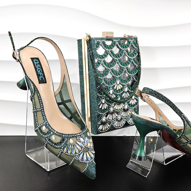 Scarpe da donna con tacco alto a punta cava in rete e pochette cava a squame di pesce Set di scarpe e borse da donna sexy e alla moda_voghion.com
