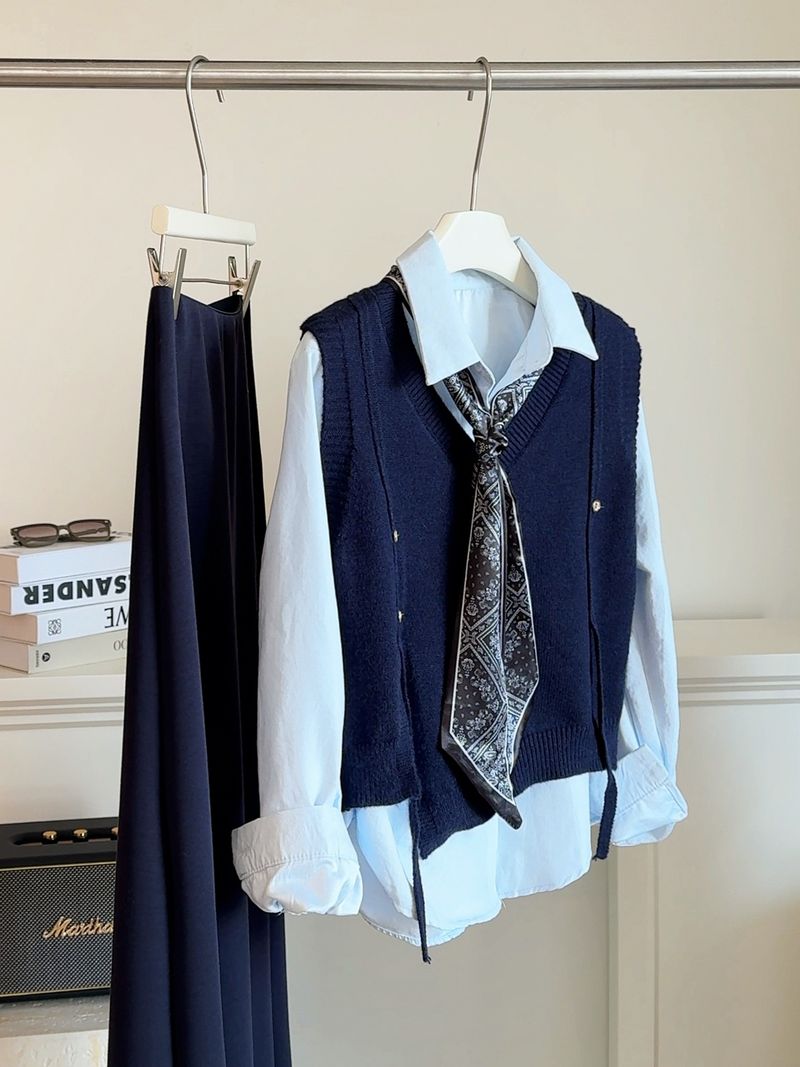 Completo tre pezzi in maglia elegante e snellente in stile coreano autunnale, anti-età, versatile, con camicia a maniche lunghe e sciarpa_voghion.com