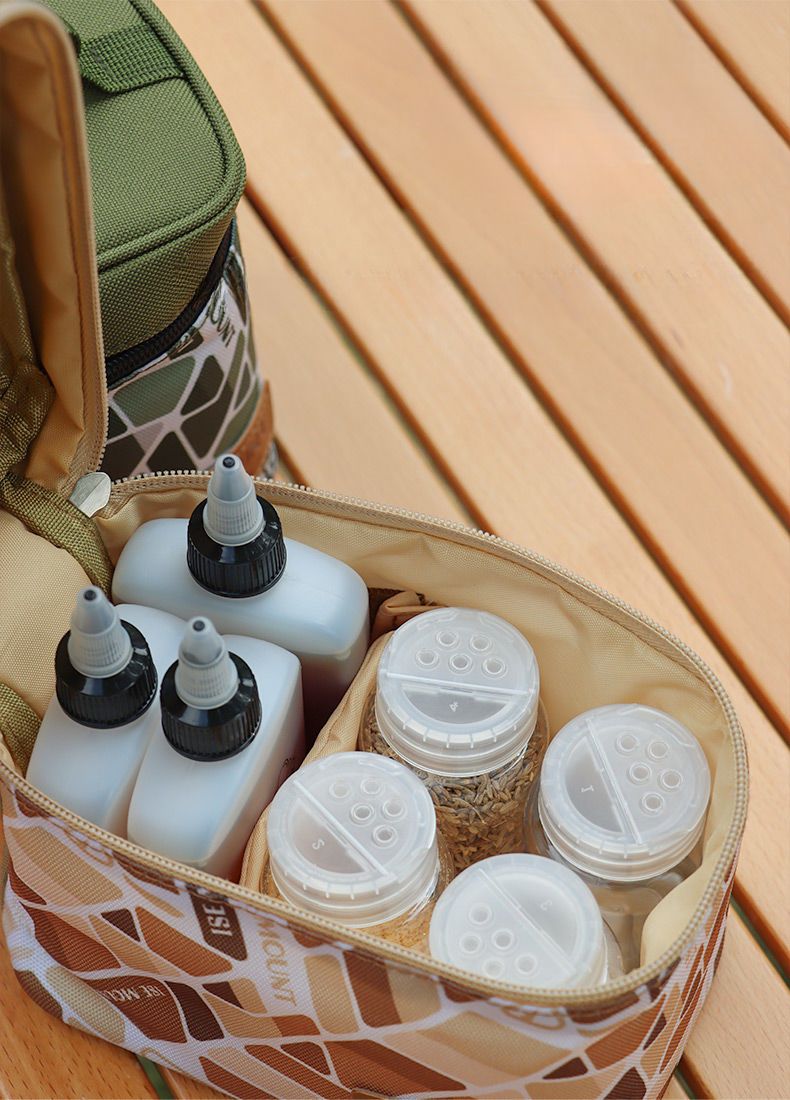 Set di 7 contenitori per spezie e bottiglie da campeggio per esterni, borsa per il trucco portatile_voghion.com