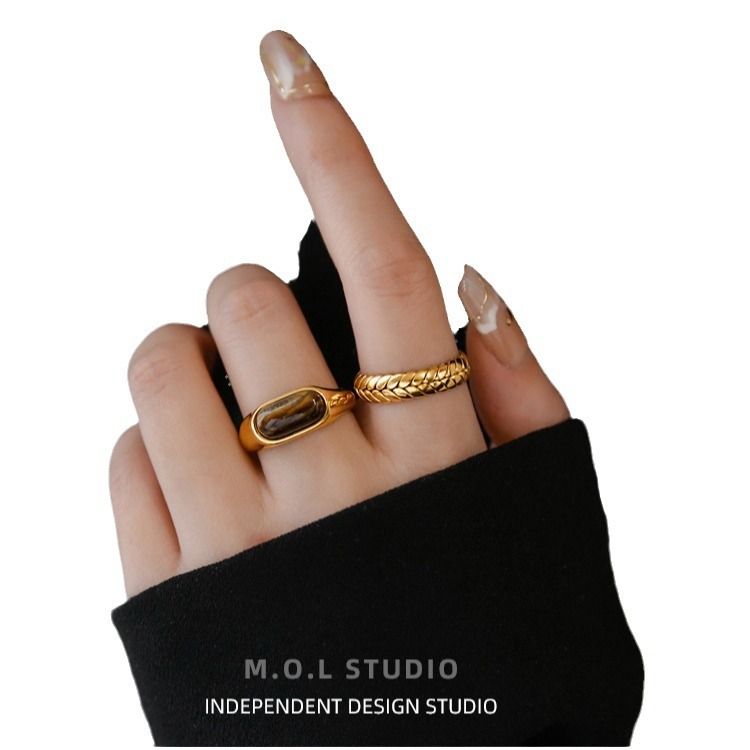 Anello da sella in pietra naturale occhio di tigre placcato di alta qualità per donna, anello a forma di spiga di grano, design impilabile, regolabile_voghion.com