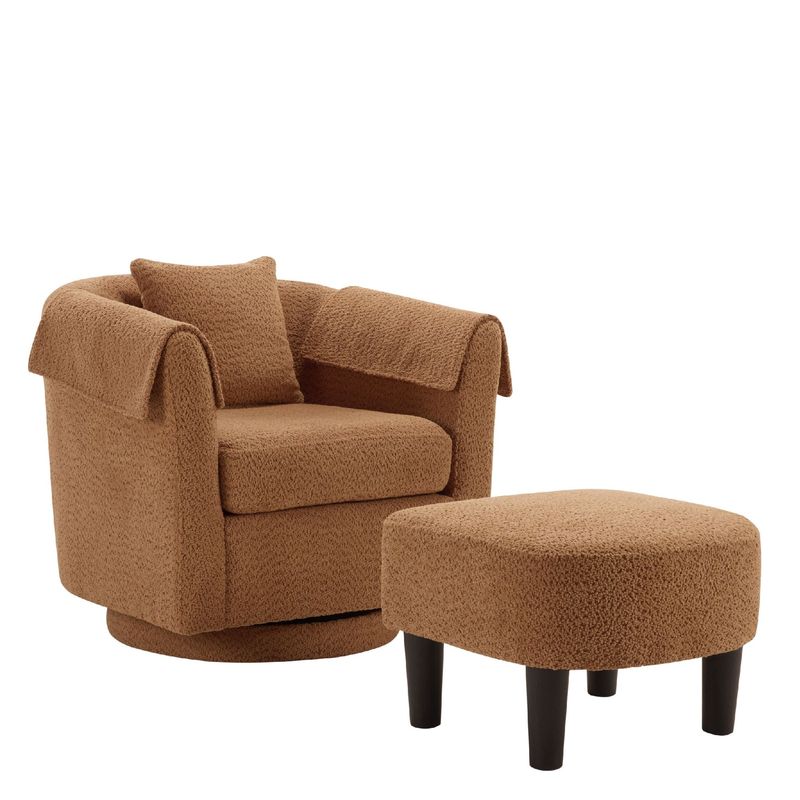 Swivel Accent Chair With Ottoman Set, Modern Chenille Barrel Armchair With Removable Back Pillow & 2 Armrest Covers For Living Room, Bedroom, Office, Yellow_voghion.com