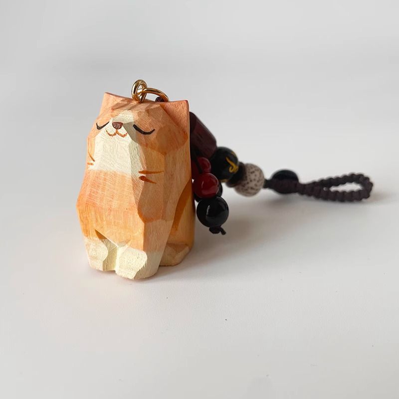 Hand Carved Wood Carved Orange Cat Shiba Inu Mi Ping An Six Character Mantra Woven Keychain Chain Ring Car Schoolbag Pendant Ornament_voghion.com