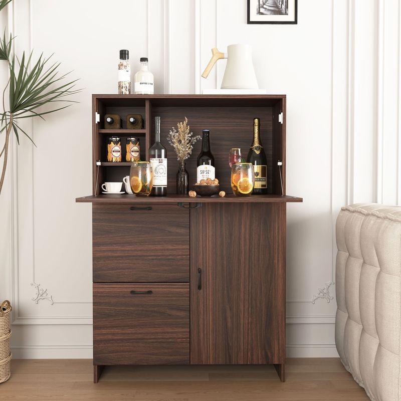Bar Cabinet With Storage Drawer & Shelves, Fold-up Desktop, Ideal For Home,Dormitory, Small Spaces_voghion.com
