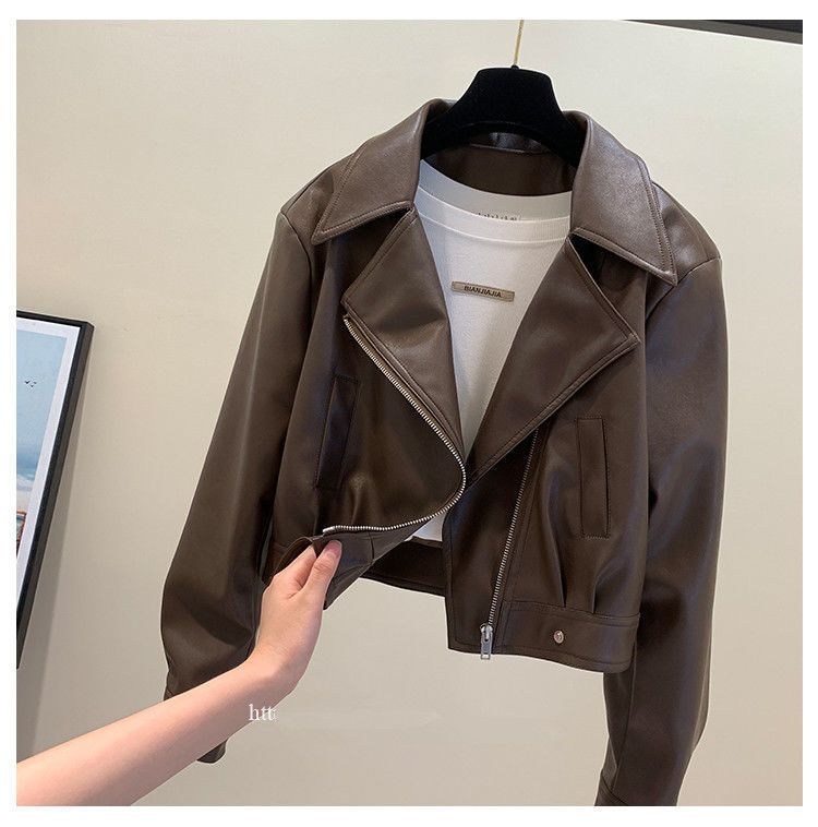 European Style For Women, Fleece-Lined, Autumn New Style, Elegant Turn-Down Collar, Petite Short PU Leather Slimming_voghion.com