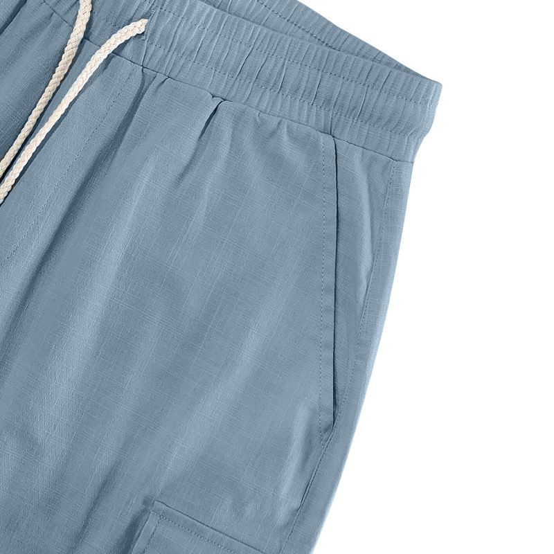 Pantaloncini da uomo in lino, pantaloncini cargo tinta unita con elastico in vita, tasche per viaggi e tempo libero, pantaloncini da spiaggia a gamba larga per l'estate_voghion.com