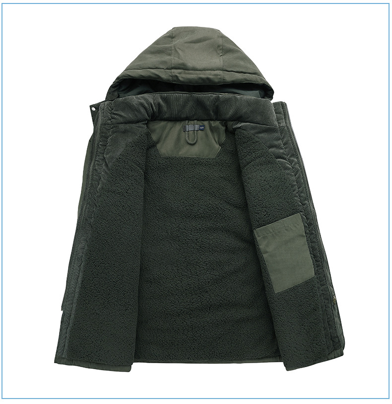 Men's Plus Size Shearling Hooded Cotton Jacket Thickened Multi-Pocket Cotton Top Casual Mid-Length Coat_voghion.com