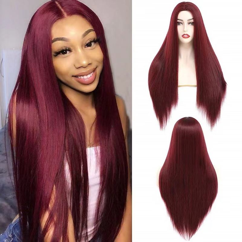 wigs women's centre parted long straight hair african wig burgundy chemical fibre hair head covering wigs_voghion.com