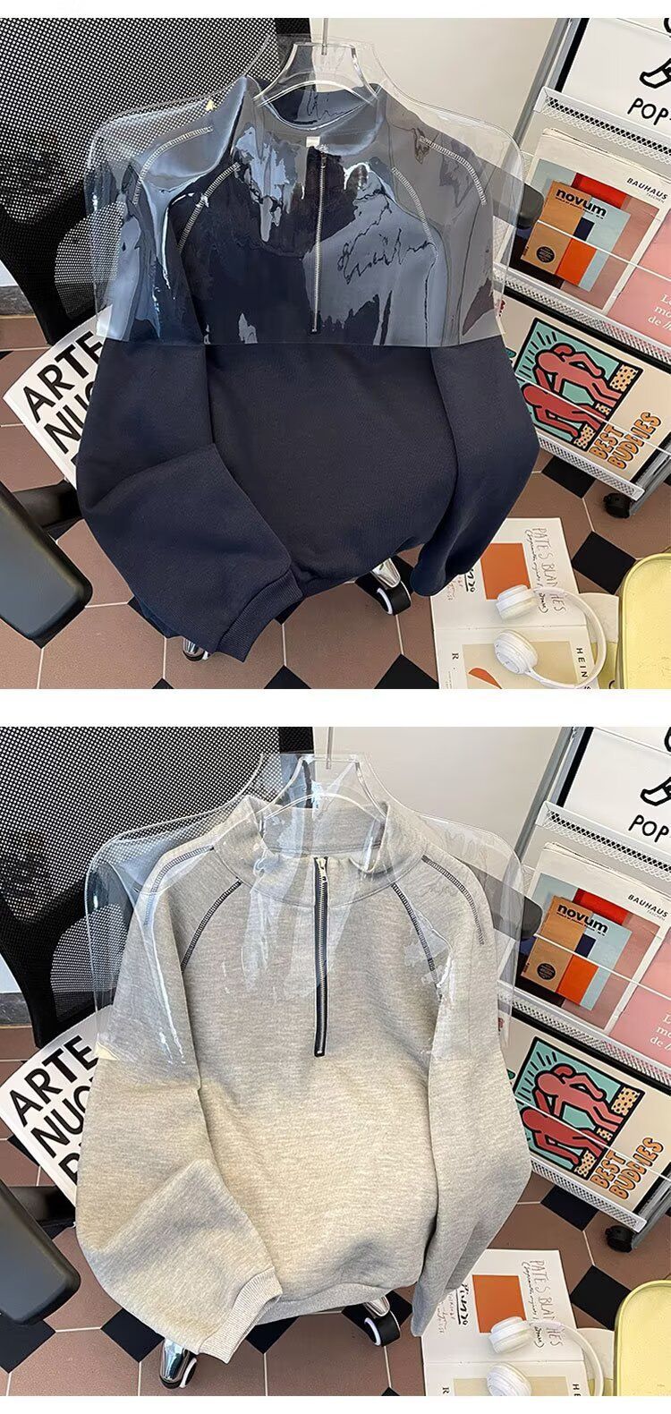 Herren-Rollkragenpullover mit halbem Reißverschluss – Cleanfit Heavyweight Pullover mit Kapuze (Gräulich/Marineblau, M-2XL)_voghion.com