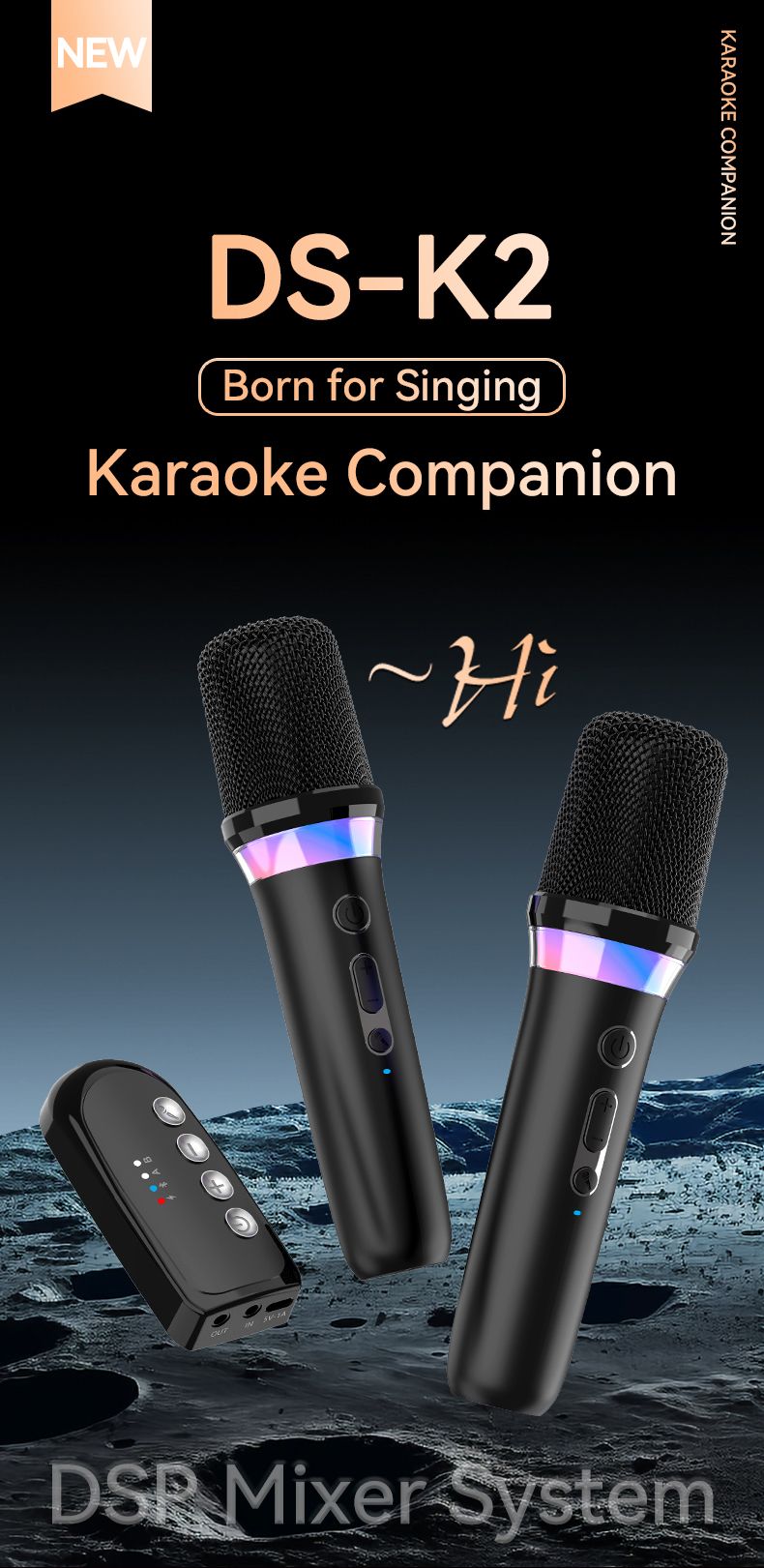 Nuovo sistema Karaoke Companion con doppio microfono wireless, mixer dinamico Bluetooth 5.3 DSP, luce RGB, amplificatore AUX da 3,5 mm_voghion.com