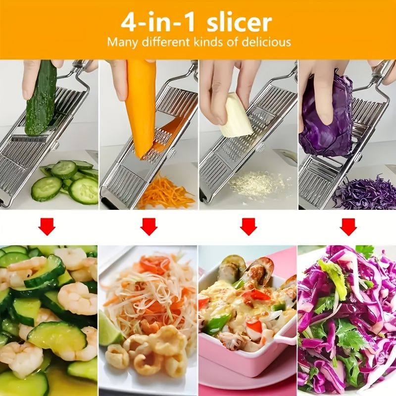 Affettatrice, grattugia e trituratore per verdure in acciaio inossidabile 4 in 1 per patate, frutta e cucina, facile da lavare, per uso domestico._voghion.com