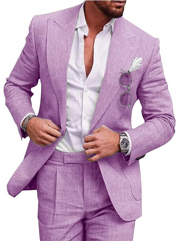Abbigliamento da uomo nuovi abiti da uomo di grandi dimensioni abiti a due pezzi abiti in lino tinta unita con un bottone (stock completo)_voghion.com