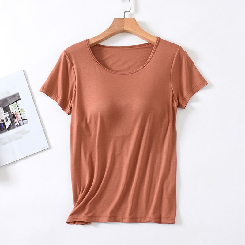 hot selling Women's Modal With Bra Pads Short-Sleeved Top Round Neck Thin Homewear T-Shirt Bottom Shirt Pamas_voghion.com