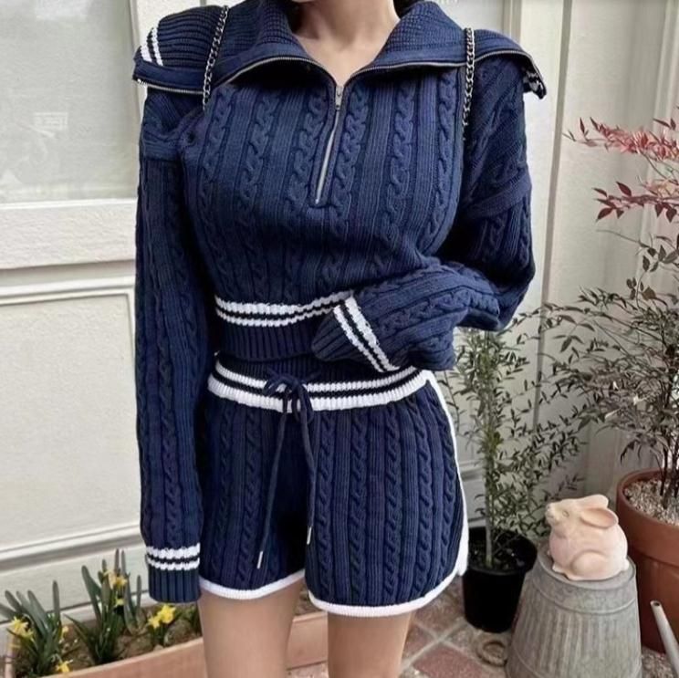 Conjunto de suéter y pantalones cortos de punto para mujer, jersey grueso con cremallera, conjunto informal de dos piezas para invierno y otoño_voghion.com