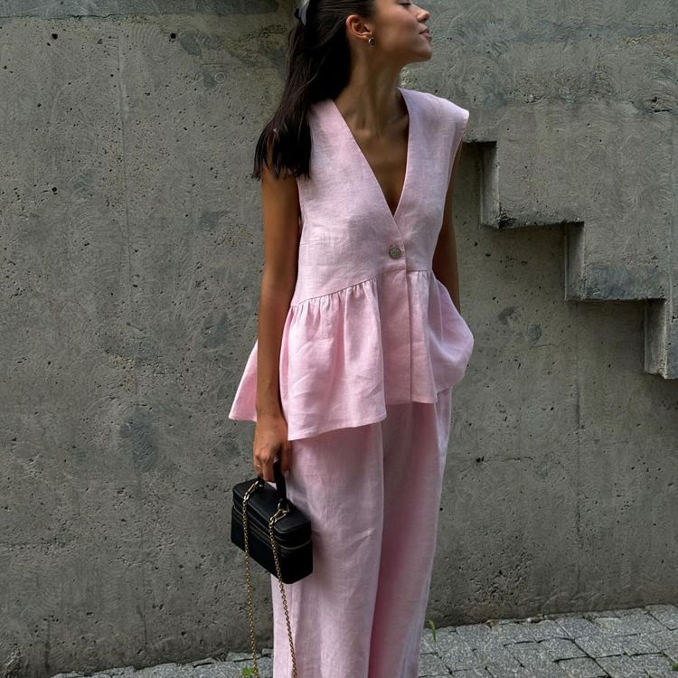 2025 Cotton V-neck Sleeveless Top Vest Long Pants For Women New Solid Color Elegant Commuter Two-piece Set_voghion.com
