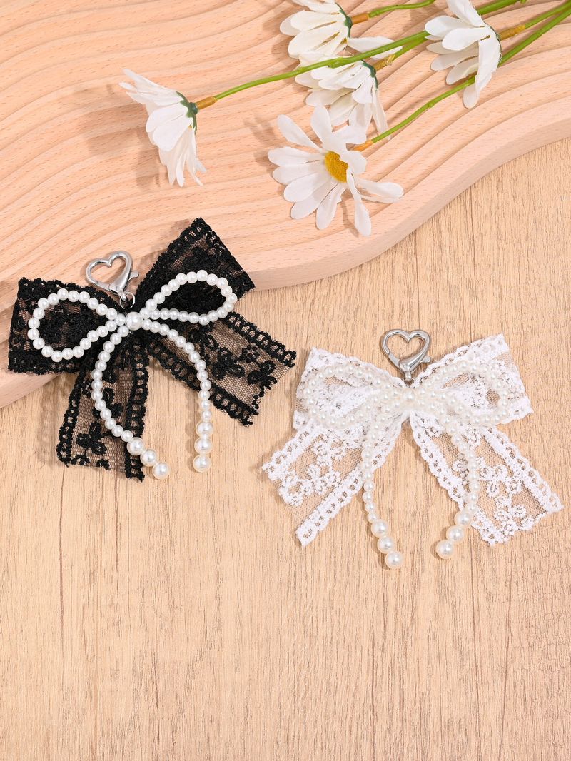 French Style Pearl Lace Bow Keychain For Women Sweet Elegant Earphone Case Bag Car Key Pendant_voghion.com