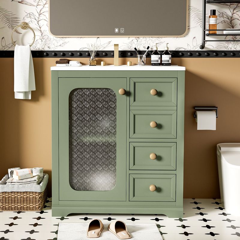 30-inch Bathroom Vanity With A Soft Close Gass Door, Adjustable Shelves, And 3 Drawers_voghion.com