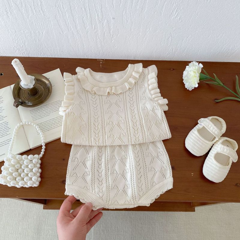 Vêtements d'été pour bébés filles, version coréenne, pull tricoté, col en dentelle, haut, short, ensemble princesse fin_voghion.com