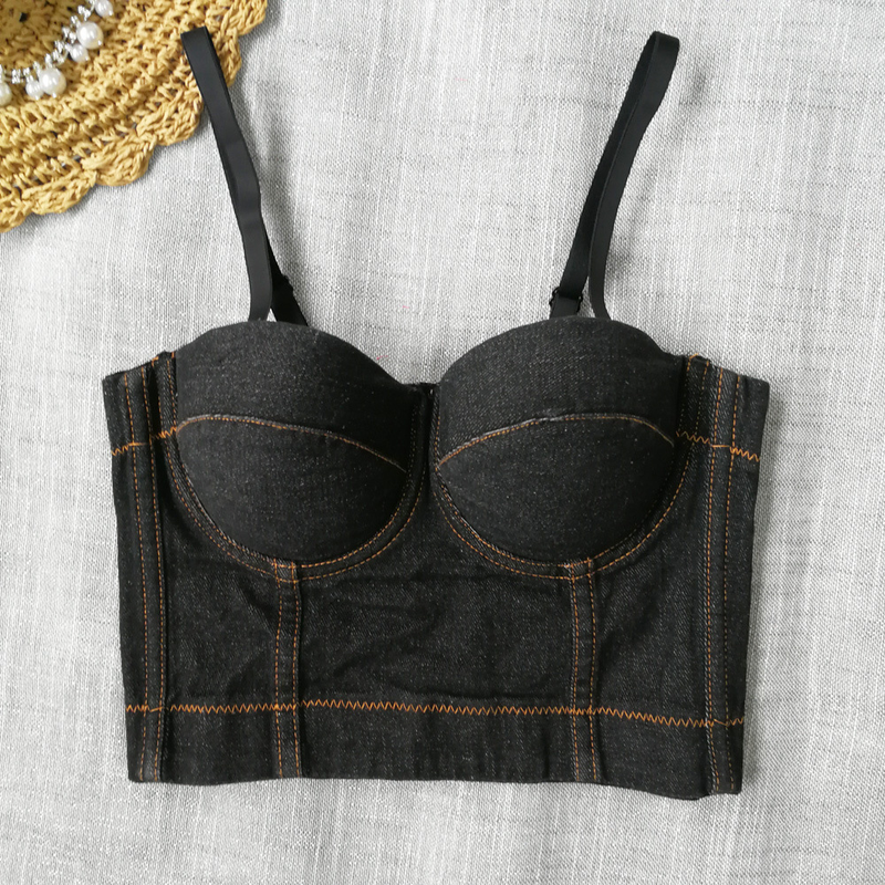 European and American denim camisole, female, cutout, underwear, outerwear, fishbone top, versatile nightclub bandeau_voghion.com