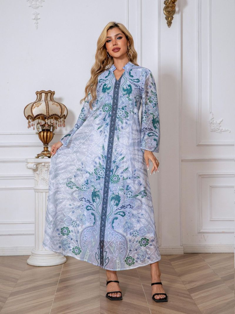 Abito lungo da donna musulmana in tessuto ricamato con stampa a tutta lunghezza e tempestato di diamanti, abito lungo da donna Abaya_voghion.com