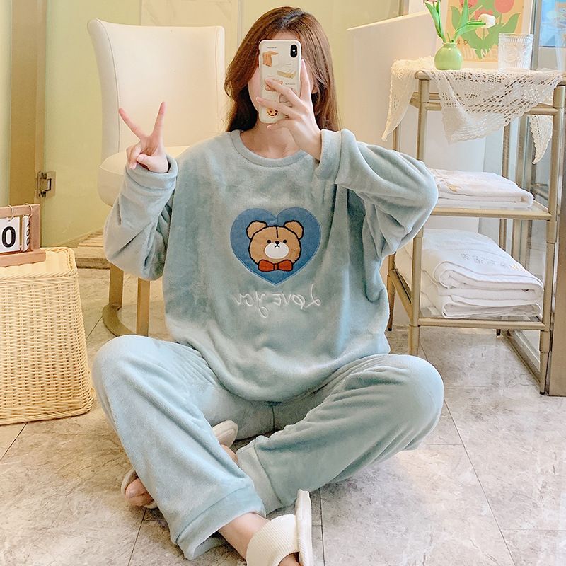 Flannel sleepwear for women 2023 winter sweet cartoon long sleeved pants plus size 230 pounds fat MM home clothes_voghion.com
