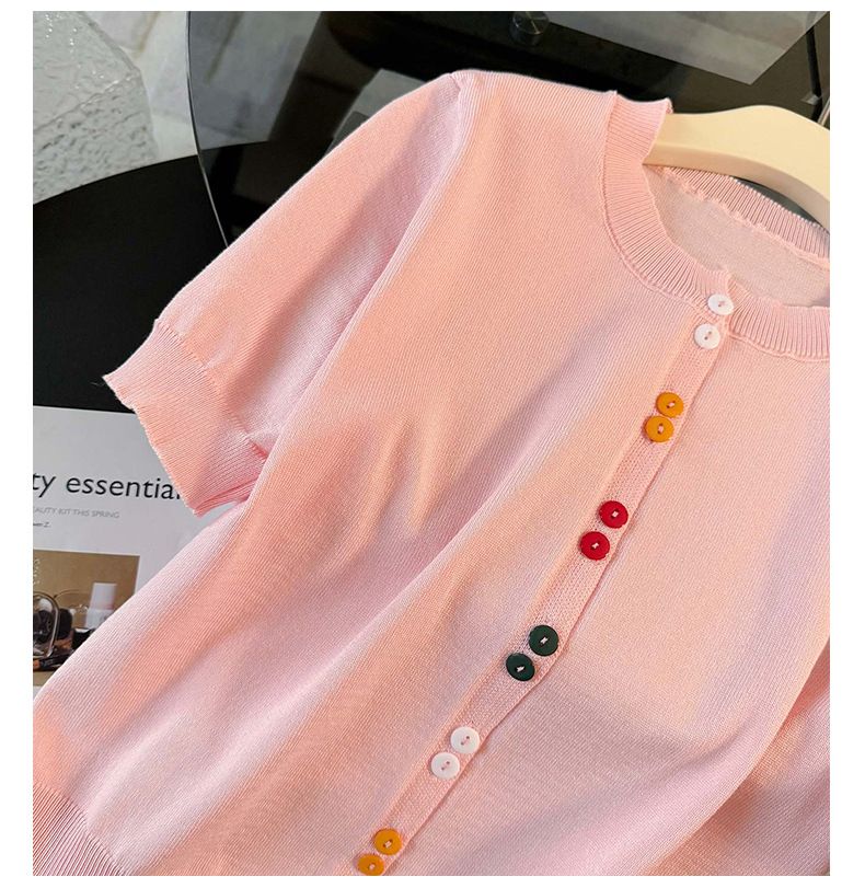 Ropa de mujer, nuevo estilo de verano, suéter con cuello redondo y botones coloridos, falda vaquera de manga corta, traje de dos piezas_voghion.com