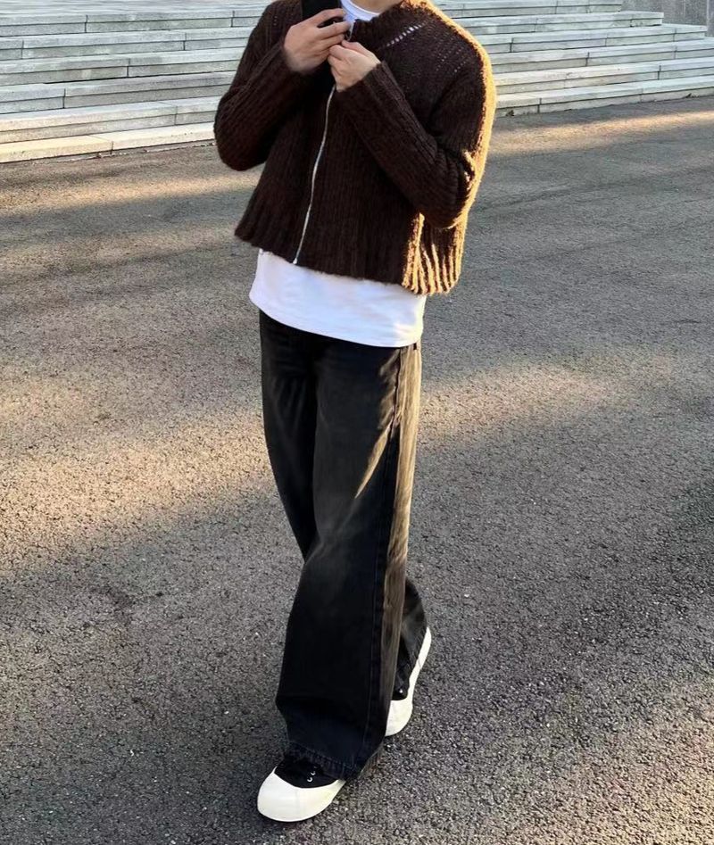 Schwarze, verwaschene American Vintage-Jeans für Herren – Lockere, weite Beinpassform, Used-Look mit Katzenschnurrhaaren, Cleanfit-Unisex-Stil_voghion.com
