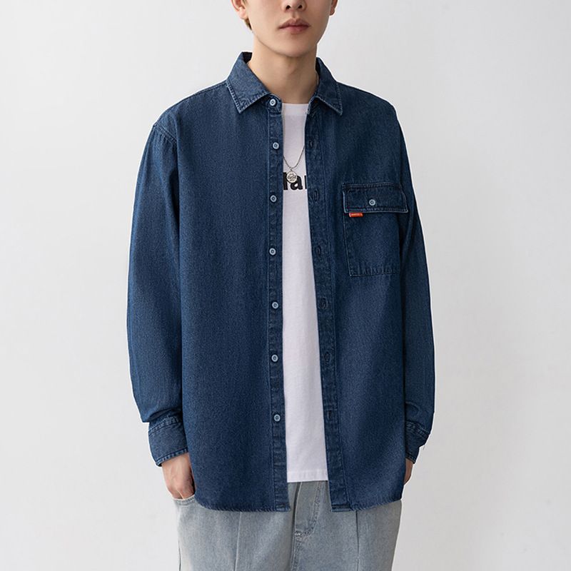 Nuova camicia alla moda con colletto ribaltabile, casual, opzioni multiple, in cotone, a maniche lunghe, in denim, da uomo, alla moda_voghion.com